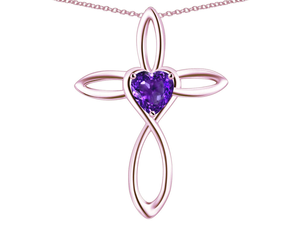 Star K 14k Gold Infinity Love Cross with Genuine Amethyst Heart Stone Pendant Necklace
