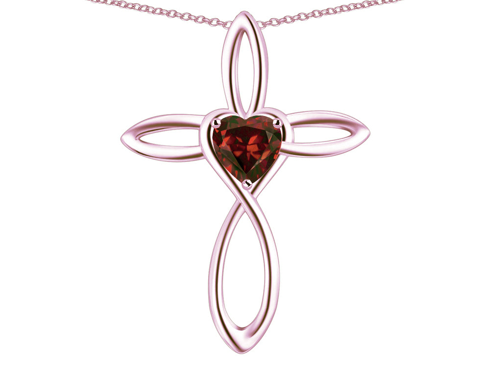 Star K 14k Gold Infinity Love Cross with Genuine Garnet Heart Stone Pendant Necklace