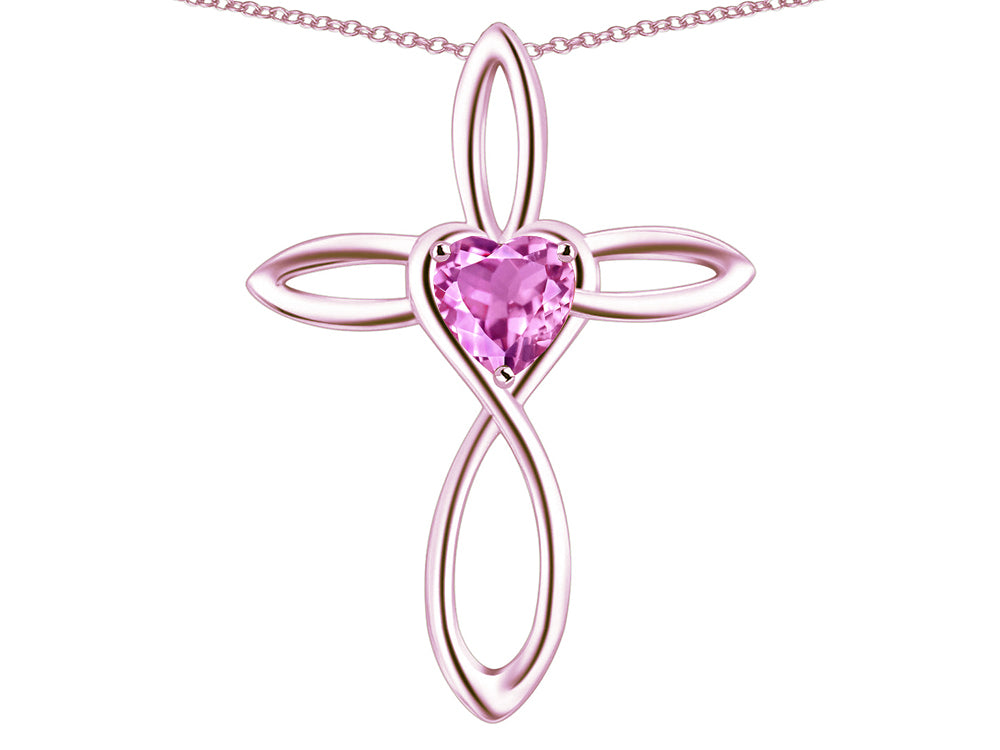 Star K 14k Gold Infinity Love Cross with Created Pink Sapphire Heart Stone Pendant Necklace