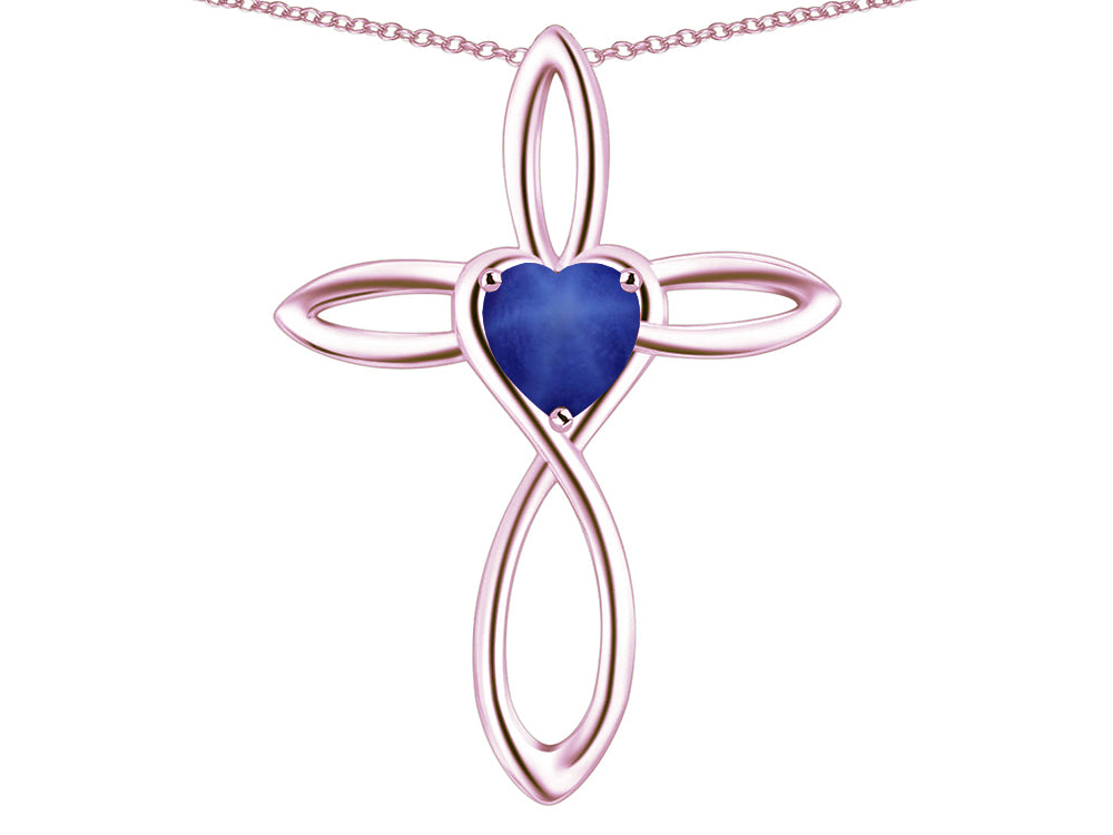 Star K 14k Gold Infinity Love Cross with Created Star Sapphire Heart Stone Pendant Necklace