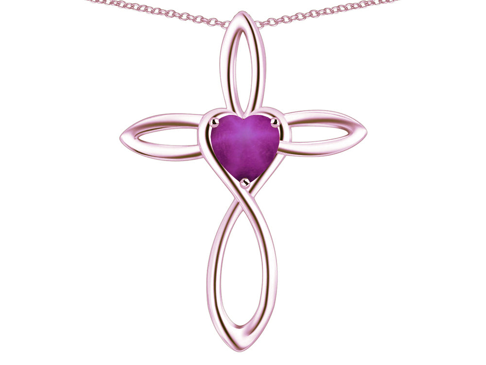 Star K 14k Gold Infinity Love Cross with Created Star Ruby Heart Stone Pendant Necklace
