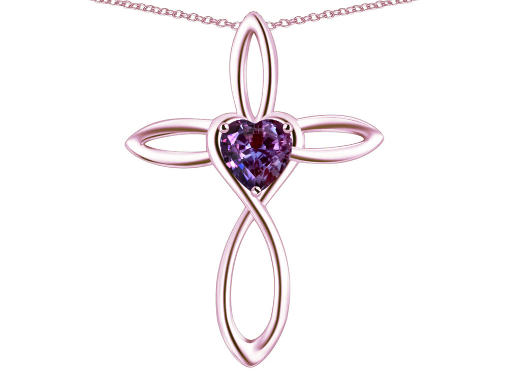 Star K 14k Gold Infinity Love Cross with Simulated Alexandrite Heart Stone Pendant Necklace