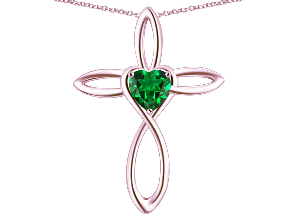 Star K 14k Gold Infinity Love Cross with Simulated Emerald Heart Stone Pendant Necklace