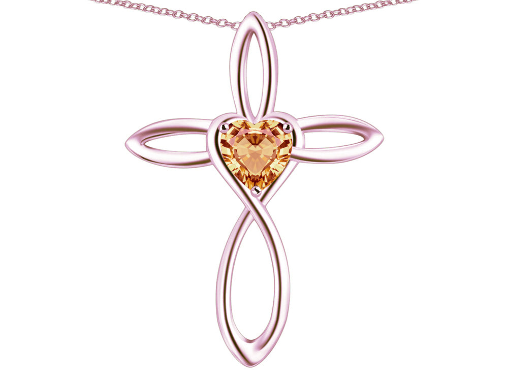 Star K 14k Gold Infinity Love Cross with Simulated Imperial Yellow Topaz Heart Stone Pendant Necklace