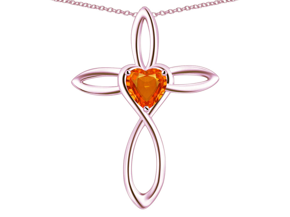 Star K 14k Gold Infinity Love Cross with Simulated Fire Opal Heart Stone Pendant Necklace