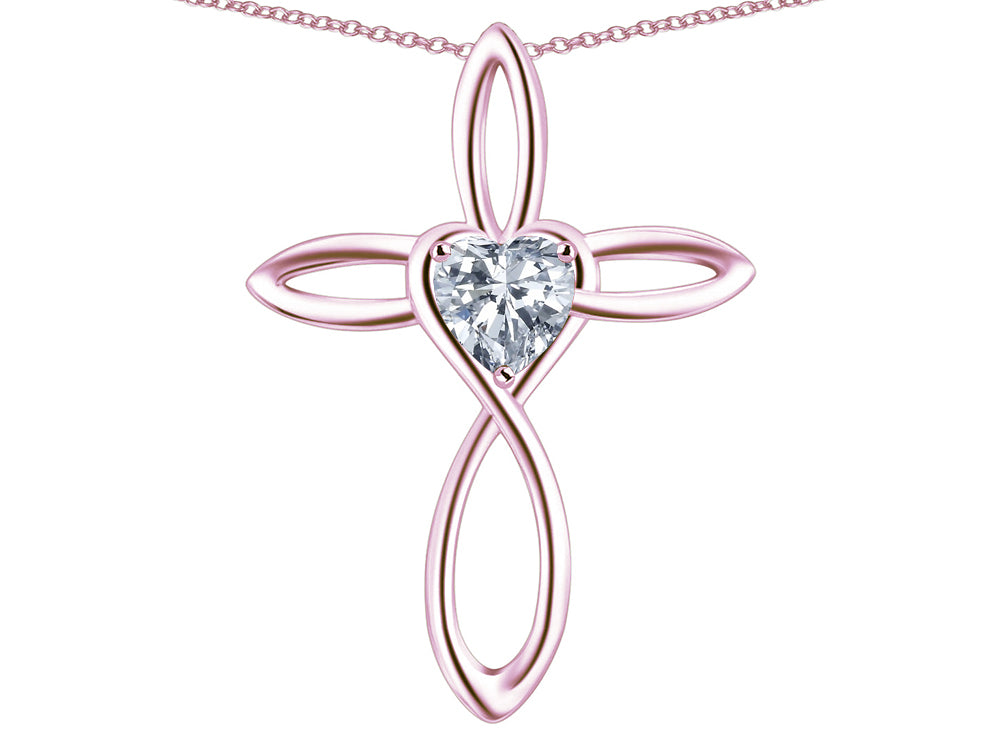 Star K 14k Gold Infinity Love Cross with Genuine White Topaz Heart Stone Pendant Necklace