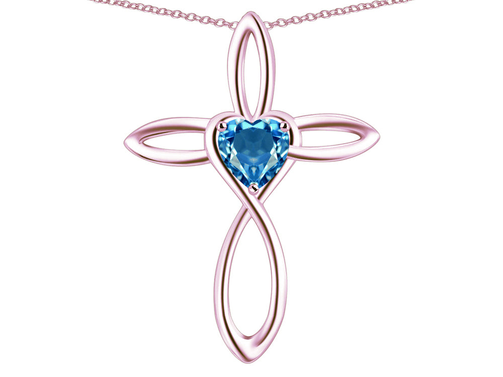 Star K 10k Gold Infinity Love Cross with Genuine Blue Topaz Heart Stone Pendant Necklace