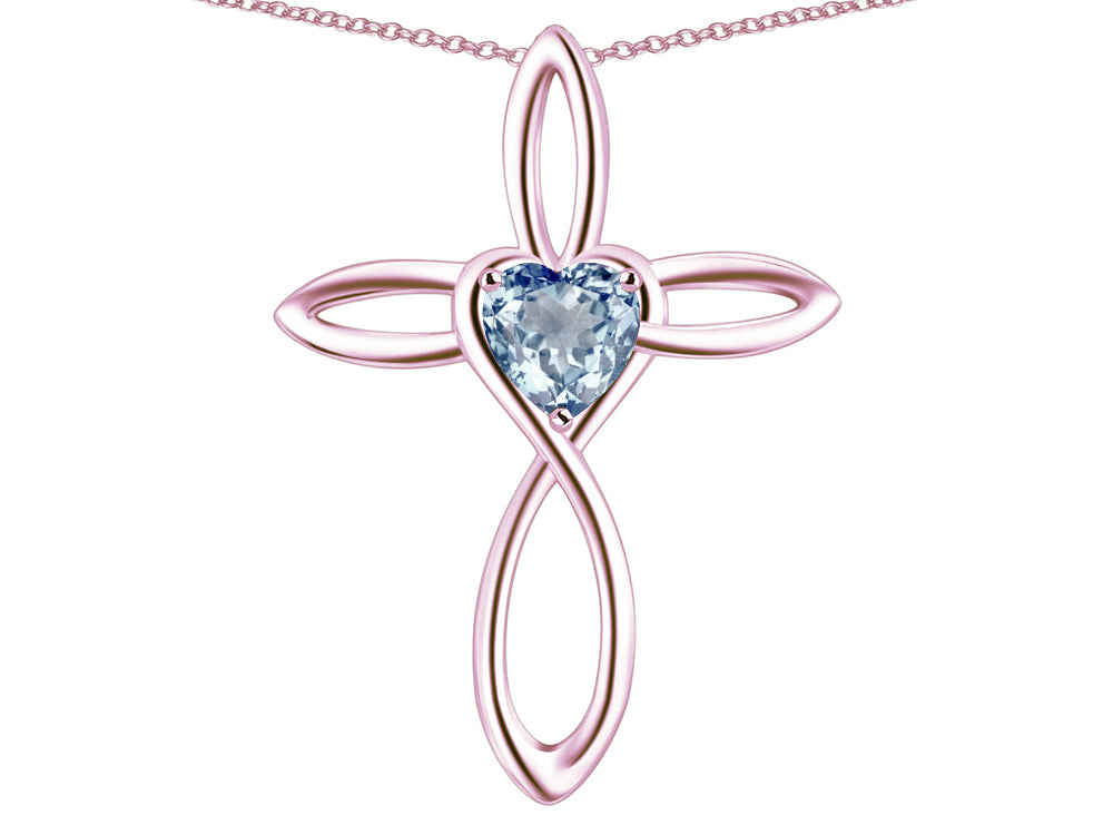 Star K 10k Gold Infinity Love Cross with Genuine Sky Blue Topaz Heart Stone Pendant Necklace