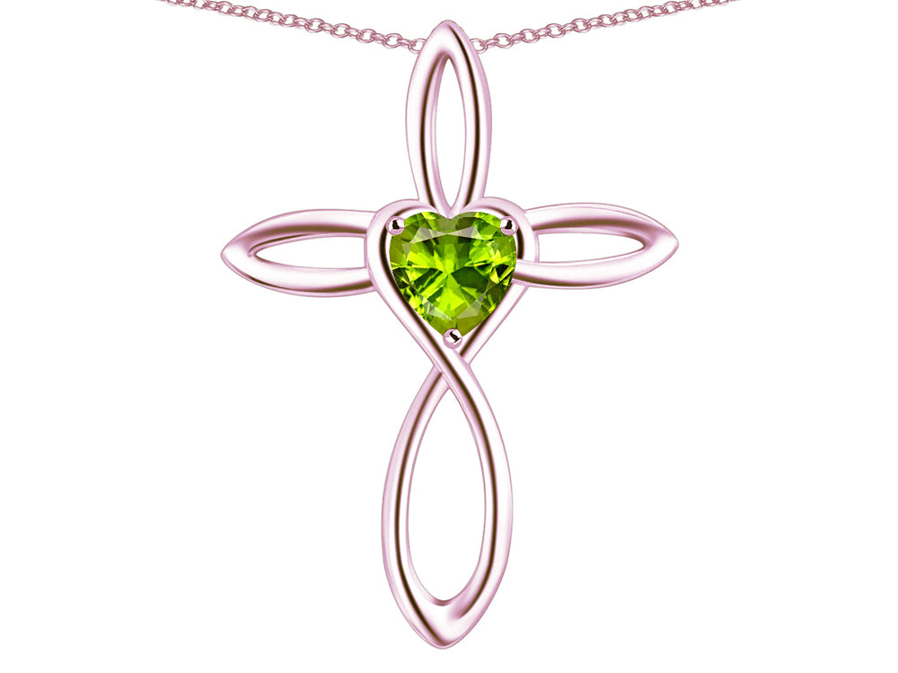 Star K 10k Gold Infinity Love Cross with Genuine Peridot Heart Stone Pendant Necklace