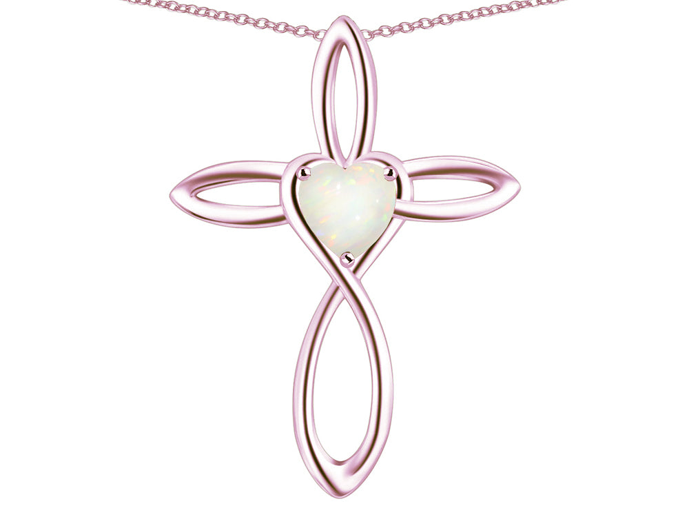 Star K 10k Gold Infinity Love Cross with Genuine Opal Heart Stone Pendant Necklace