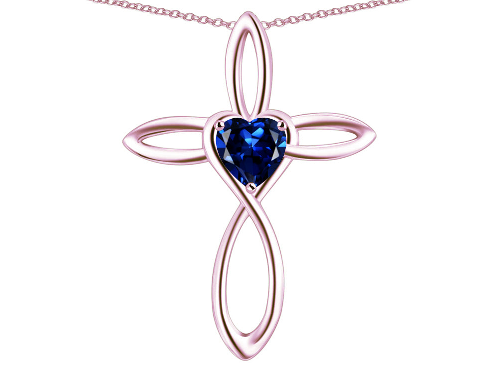 Star K 10k Gold Infinity Love Cross with Created Sapphire Heart Stone Pendant Necklace