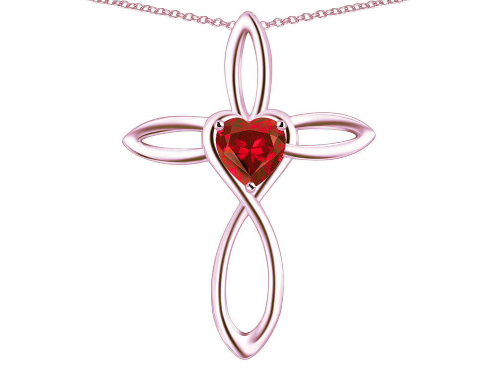 Star K 10k Gold Infinity Love Cross with Created Ruby Heart Stone Pendant Necklace