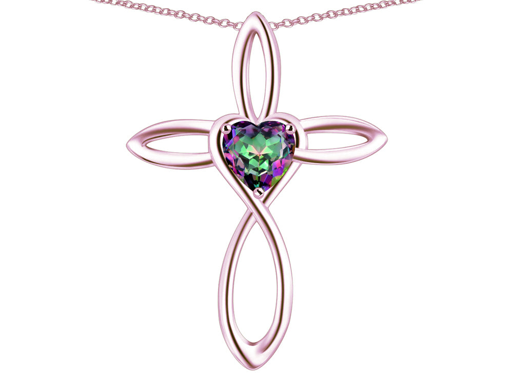 Star K 10k Gold Infinity Love Cross with Rainbow Mystic Topaz Heart Stone Pendant Necklace