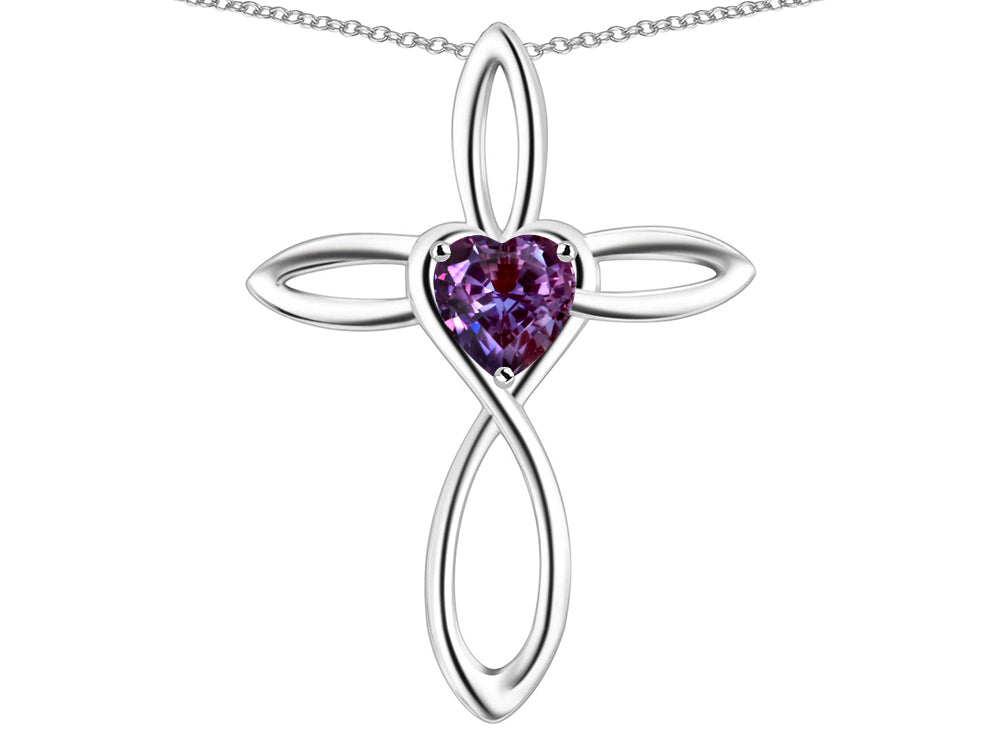Star K 10k Gold Infinity Love Cross with Simulated Alexandrite Heart Stone Pendant Necklace