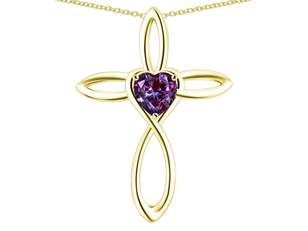 Star K 10k Gold Infinity Love Cross with Simulated Alexandrite Heart Stone Pendant Necklace