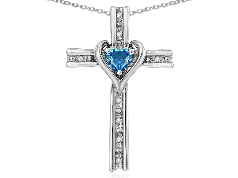 Star K 14k Gold Two Tone Love Cross with Genuine Blue Topaz Heart Stone Pendant Necklace