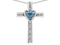 Star K 14k Gold Two Tone Love Cross with Genuine Blue Topaz Heart Stone Pendant Necklace