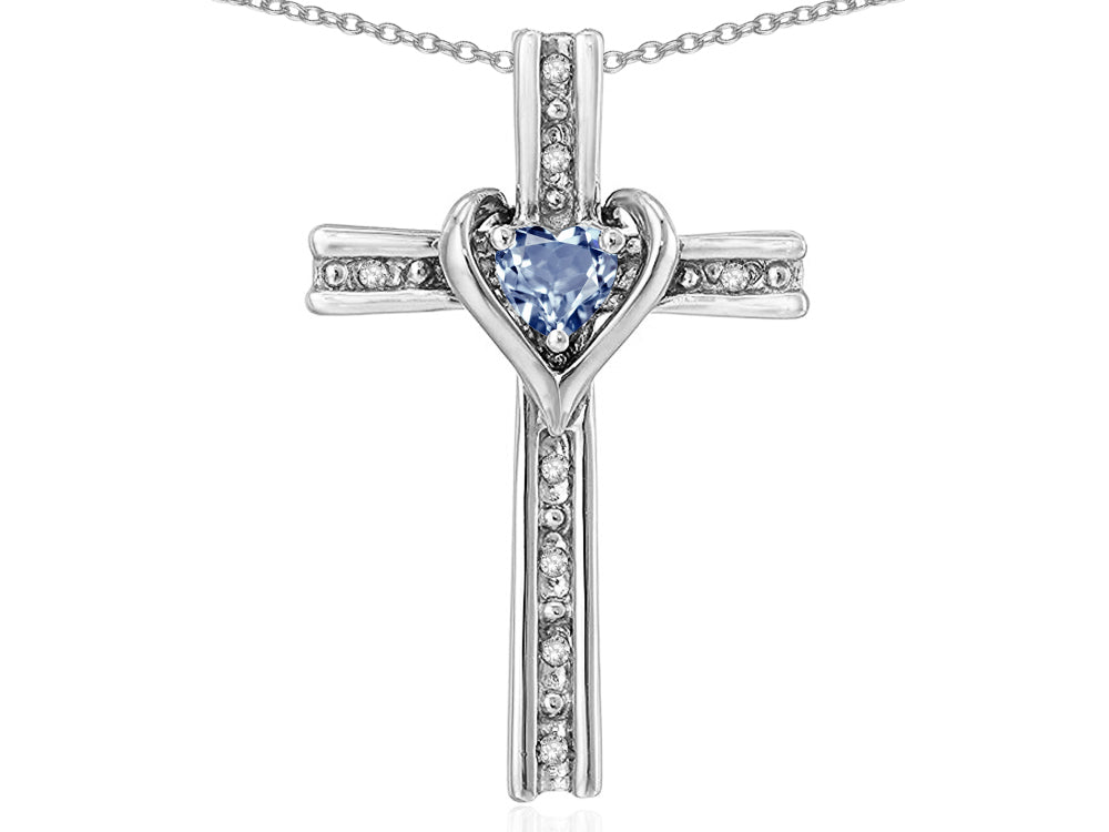 Star K 14k Gold Two Tone Love Cross with Genuine Sky Blue Topaz Heart Stone Pendant Necklace