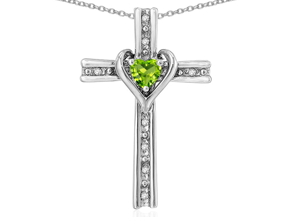 Star K 14k Gold Two Tone Love Cross with Genuine Peridot Heart Stone Pendant Necklace
