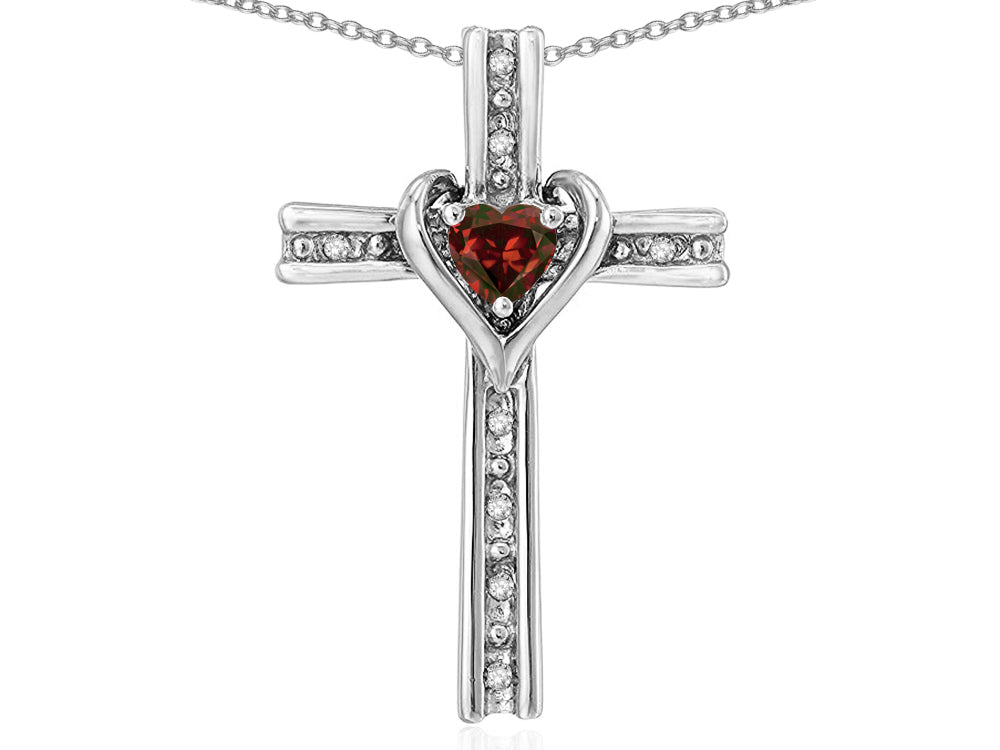Star K 14k Gold Two Tone Love Cross with Genuine Garnet Heart Stone Pendant Necklace
