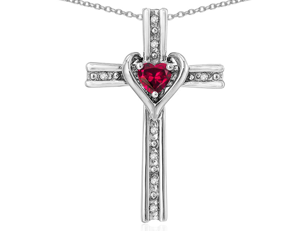 Star K 14k Gold Two Tone Love Cross with Created Ruby Heart Stone Pendant Necklace