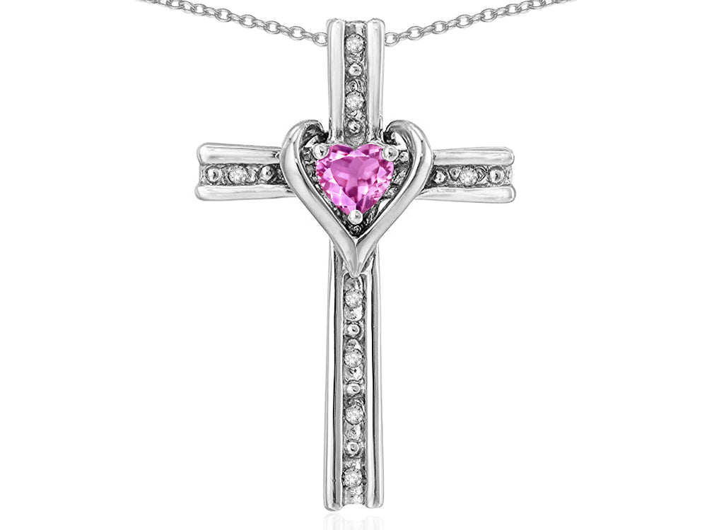 Star K 14k Gold Two Tone Love Cross with Created Pink Sapphire Heart Stone Pendant Necklace