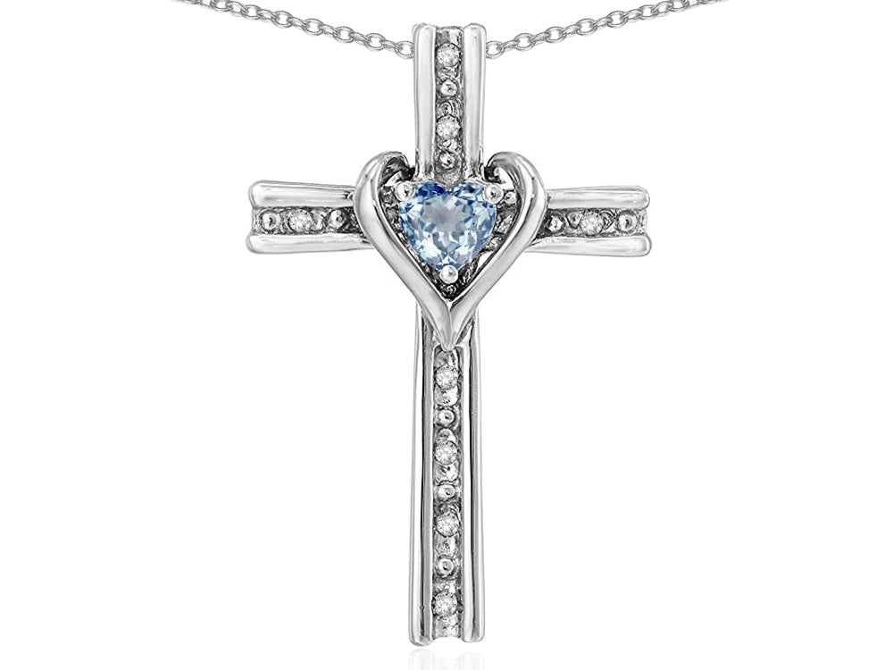 Star K 14k Gold Two Tone Love Cross with Simulated Aquamarine Heart Stone Pendant Necklace