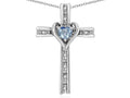 Star K 14k Gold Two Tone Love Cross with Simulated Aquamarine Heart Stone Pendant Necklace