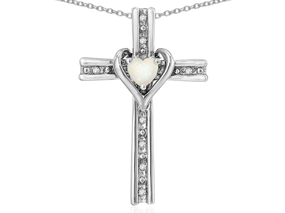 Star K 10k Gold Two Tone Love Cross with Genuine Opal Heart Stone Pendant Necklace