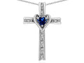 Star K 10k Gold Two Tone Love Cross with Created Sapphire Heart Stone Pendant Necklace