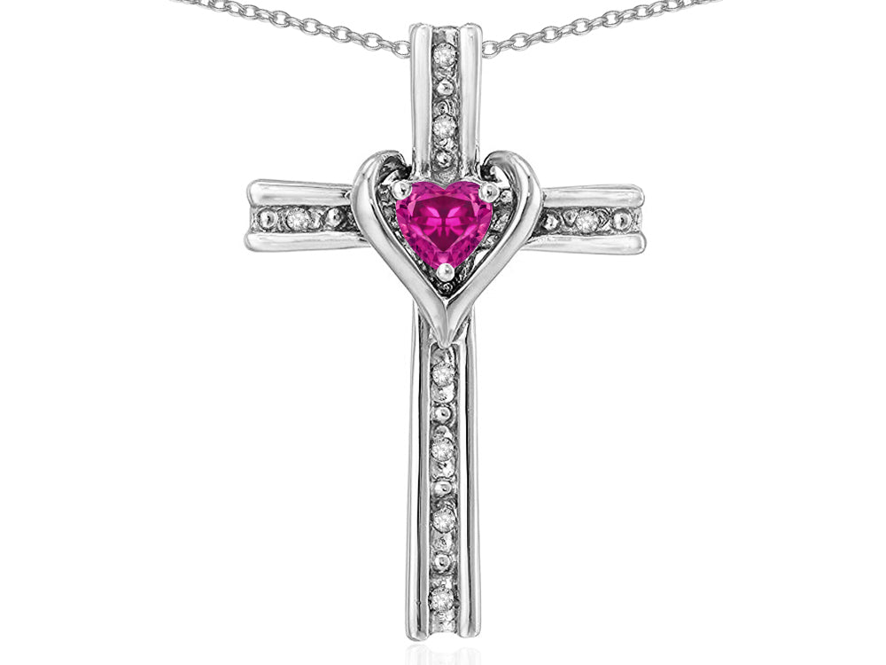 Star K 10k Gold Two Tone Love Cross with Simulated Pink Tourmaline Heart Stone Pendant Necklace