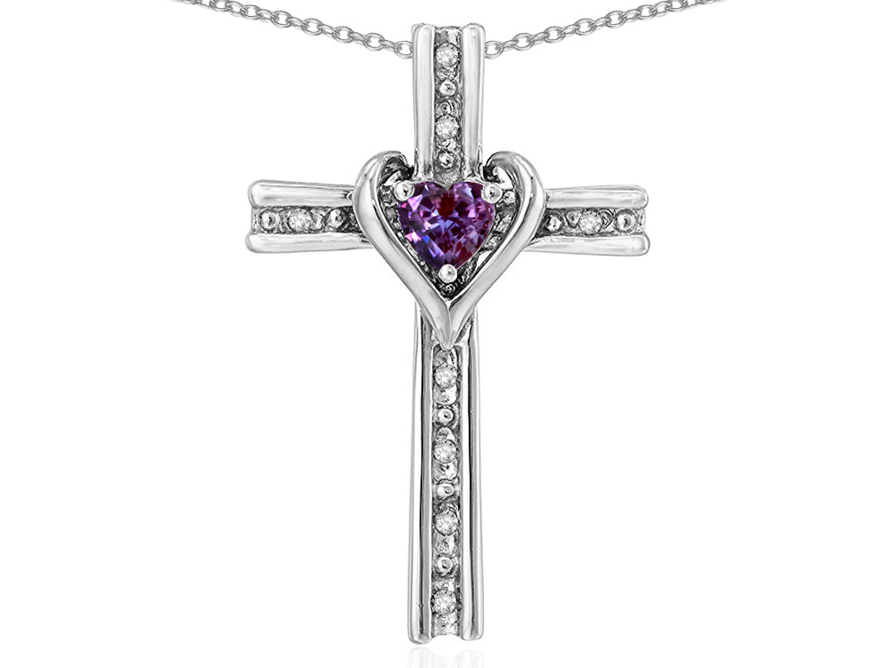Star K 10k Gold Two Tone Love Cross with Simulated Alexandrite Heart Stone Pendant Necklace