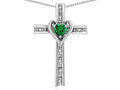 Star K 10k Gold Two Tone Love Cross with Simulated Emerald Heart Stone Pendant Necklace
