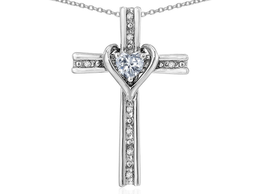 Star K 10k Gold Two Tone Love Cross with Genuine White Topaz Heart Stone Pendant Necklace