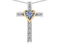 Star K 14k Yellow Gold Two Tone Love Cross with Genuine Sky Blue Topaz Heart Stone Pendant Necklace 16 x 25mm