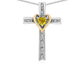 Star K 14k Yellow Gold Two Tone Love Cross with Genuine Citrine Heart Stone Pendant Necklace 16 x 25mm