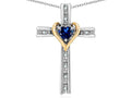 Star K 14k Yellow Gold Two Tone Love Cross with Created Sapphire Heart Stone Pendant Necklace 16 x 25mm