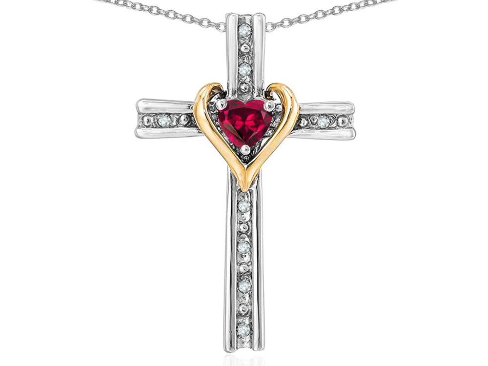 Star K 14k Yellow Gold Two Tone Love Cross with Created Ruby Heart Stone Pendant Necklace 16 x 25mm