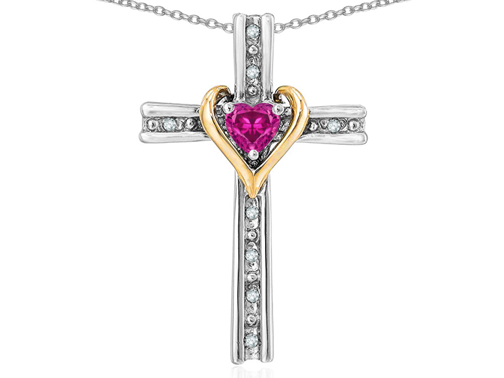 Star K 14k Yellow Gold Two Tone Love Cross with Simulated Pink Tourmaline Heart Stone Pendant Necklace 16 x 25mm