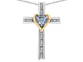 Star K 14k Yellow Gold Two Tone Love Cross with Simulated Aquamarine Heart Stone Pendant Necklace 16 x 25mm