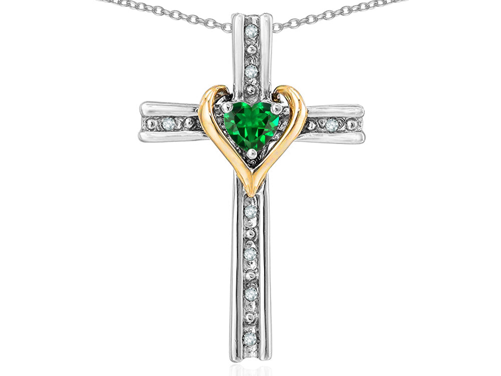 Star K 14k Yellow Gold Two Tone Love Cross with Simulated Emerald Heart Stone Pendant Necklace 16 x 25mm