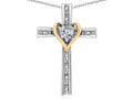 Star K 14k Yellow Gold Two Tone Love Cross with Genuine White Topaz Heart Stone Pendant Necklace 16 x 25mm