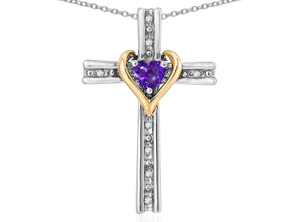 Star K 10k Yellow Gold Two Tone Love Cross with Genuine Amethyst Heart Stone Pendant Necklace 16 x 25mm