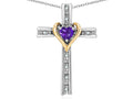 Star K 10k Yellow Gold Two Tone Love Cross with Genuine Amethyst Heart Stone Pendant Necklace 16 x 25mm