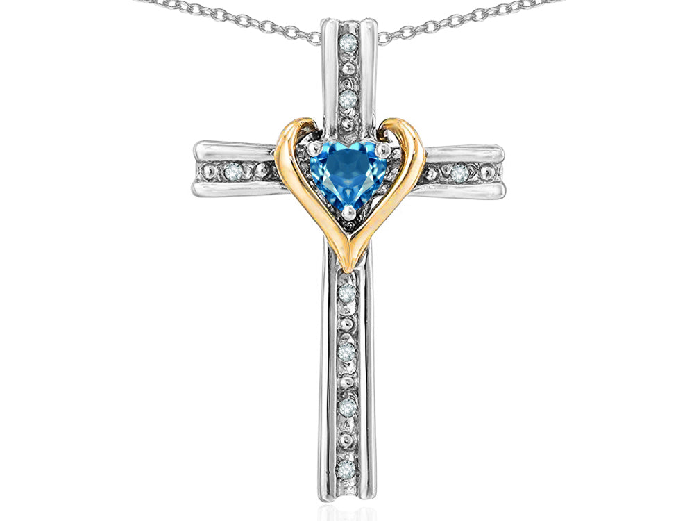 Star K 10k Yellow Gold Two Tone Love Cross with Genuine Blue Topaz Heart Stone Pendant Necklace 16 x 25mm