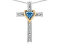 Star K 10k Yellow Gold Two Tone Love Cross with Genuine Blue Topaz Heart Stone Pendant Necklace 16 x 25mm