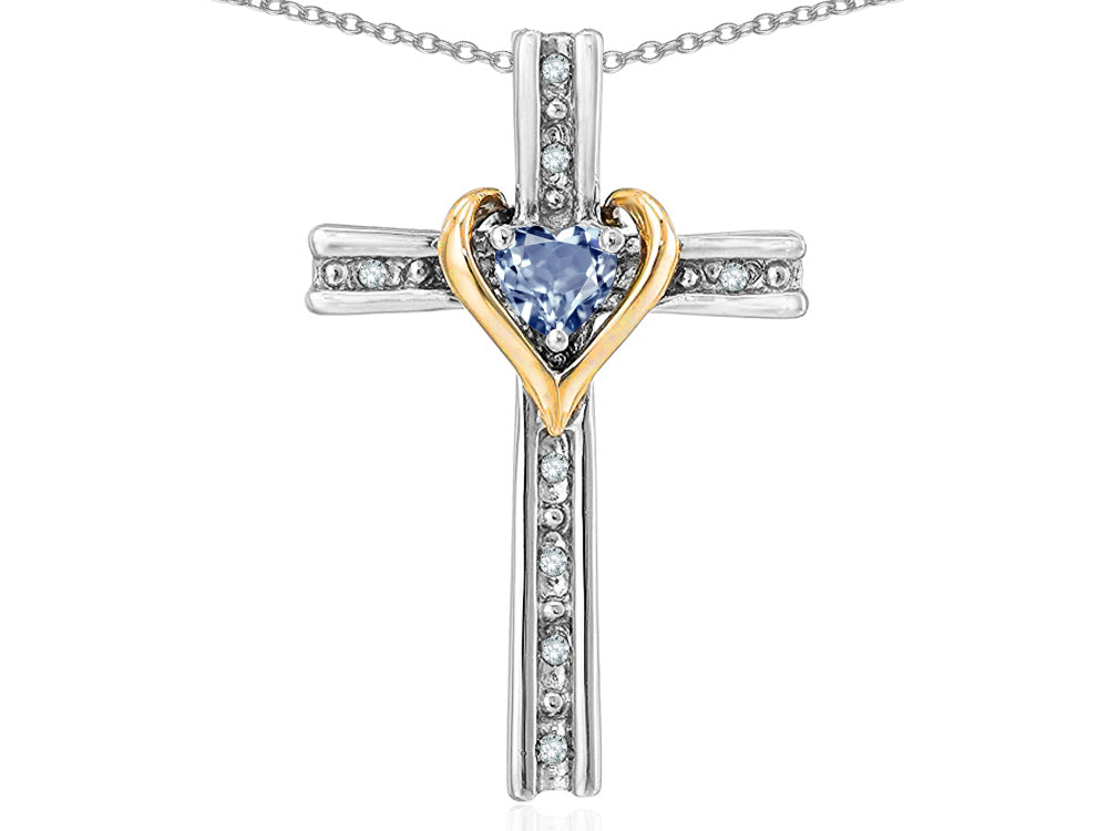 Star K 10k Yellow Gold Two Tone Love Cross with Genuine Sky Blue Topaz Heart Stone Pendant Necklace 16 x 25mm