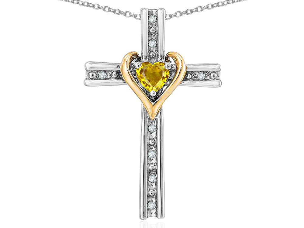 Star K 10k Yellow Gold Two Tone Love Cross with Genuine Citrine Heart Stone Pendant Necklace 16 x 25mm