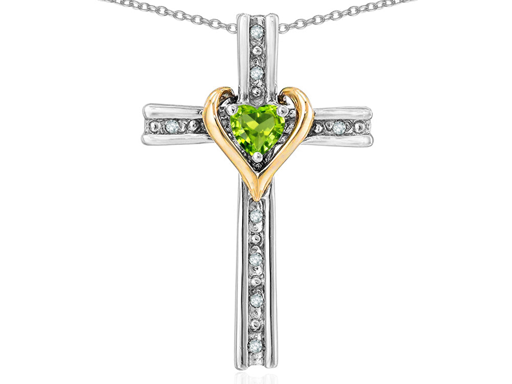 Star K 10k Yellow Gold Two Tone Love Cross with Genuine Peridot Heart Stone Pendant Necklace 16 x 25mm