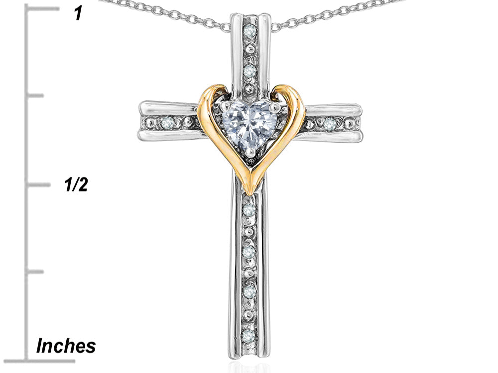 Star K 10k Yellow Gold Two Tone Love Cross with Genuine Garnet Heart Stone Pendant Necklace 16 x 25mm